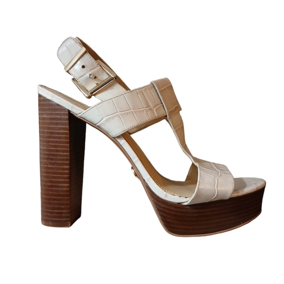 Michael Kors Becker Croc Embossed Cream Leather Sandal Platform Heels Size 9.5 - Picture 1 of 13
